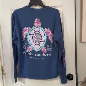 Simply Southern Blue Shirt with Pink Turtle Design "Stay Classy...". Size M